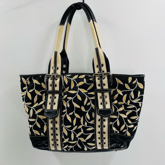 Isabella Fiore Vintage Beaded Embroidered Canvas Leather‎ Purse Bag, Black/Cream - Picture 3 of 10